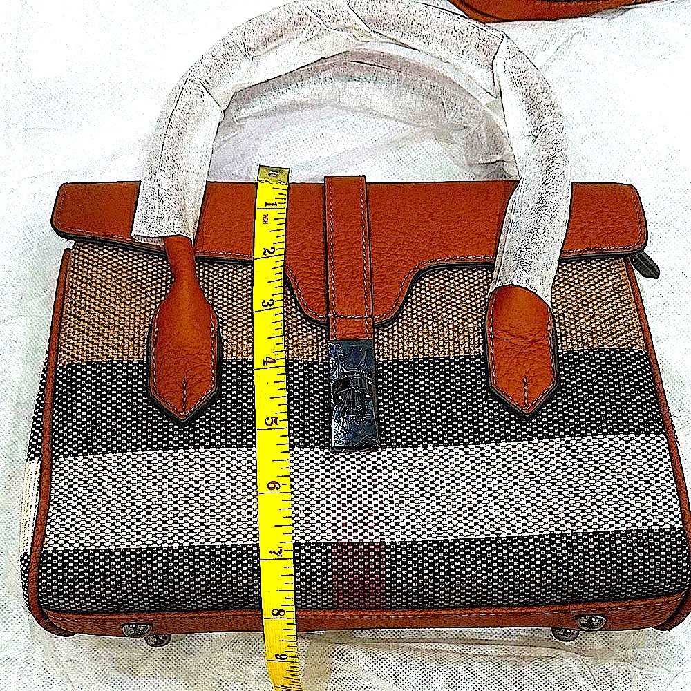 Genuine Leather Top Handle Small Handbag w/Checked Woven Fabric - Picture 3 of 9